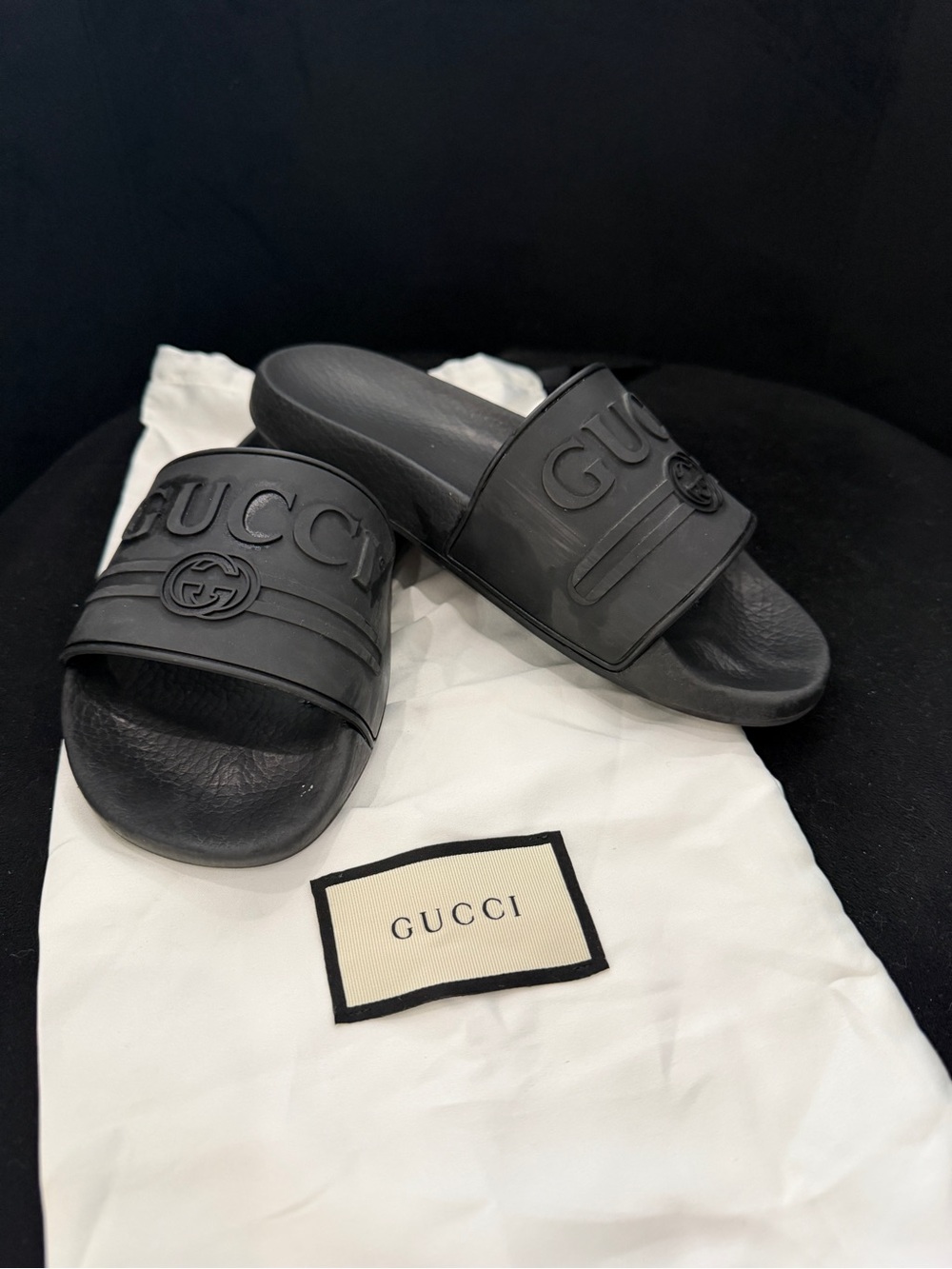 Gucci Matte Black Embossed Logo Slide Sandals